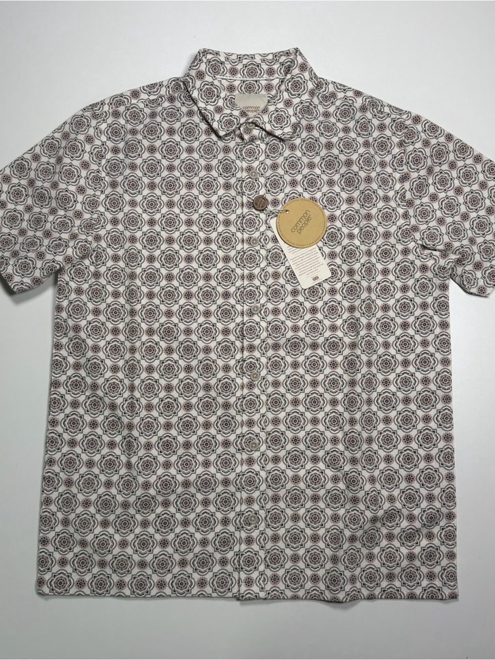 Casual Short Sleeve Linen Blend Button-Down Shirt - Cream with Brown Geo Print